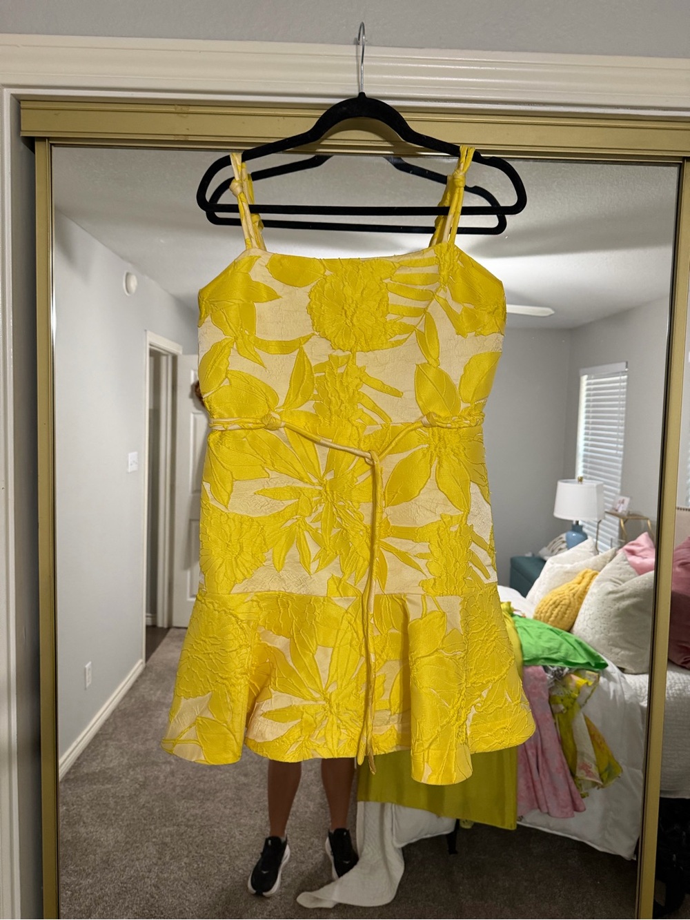 Alexis Yellow Floral Embroidered Sundress with Tie